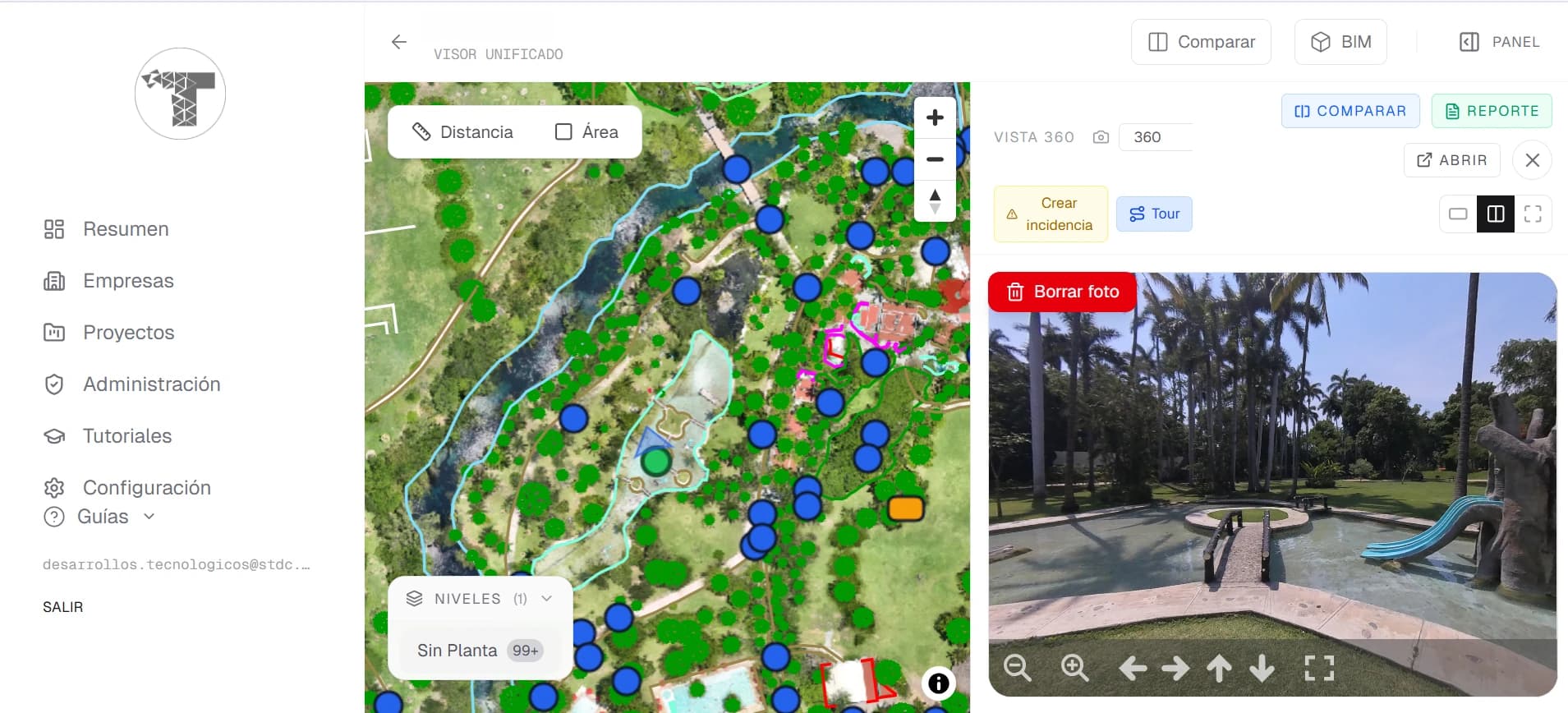 Consulta del parque mediante ortomosaico y fotografías 360° vinculadas a su posición geográfica