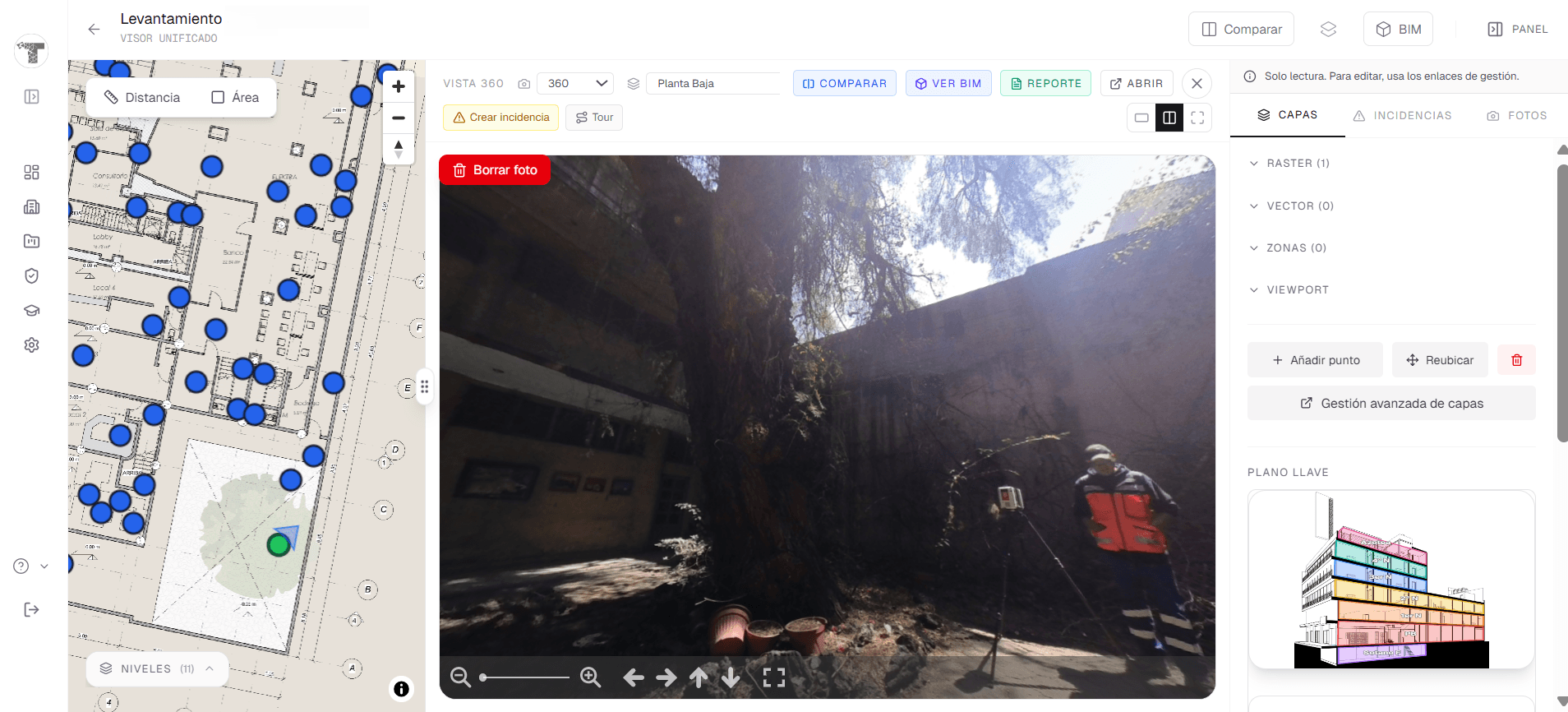 Visor unificado: plano de planta georreferenciado, marcadores de puntos 360° y panorama