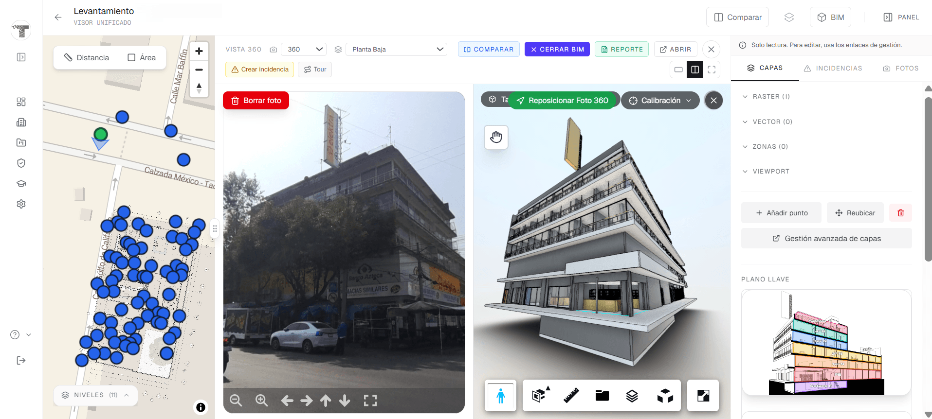 Comparación simultánea de plano en planta, fotografía 360° y modelo BIM