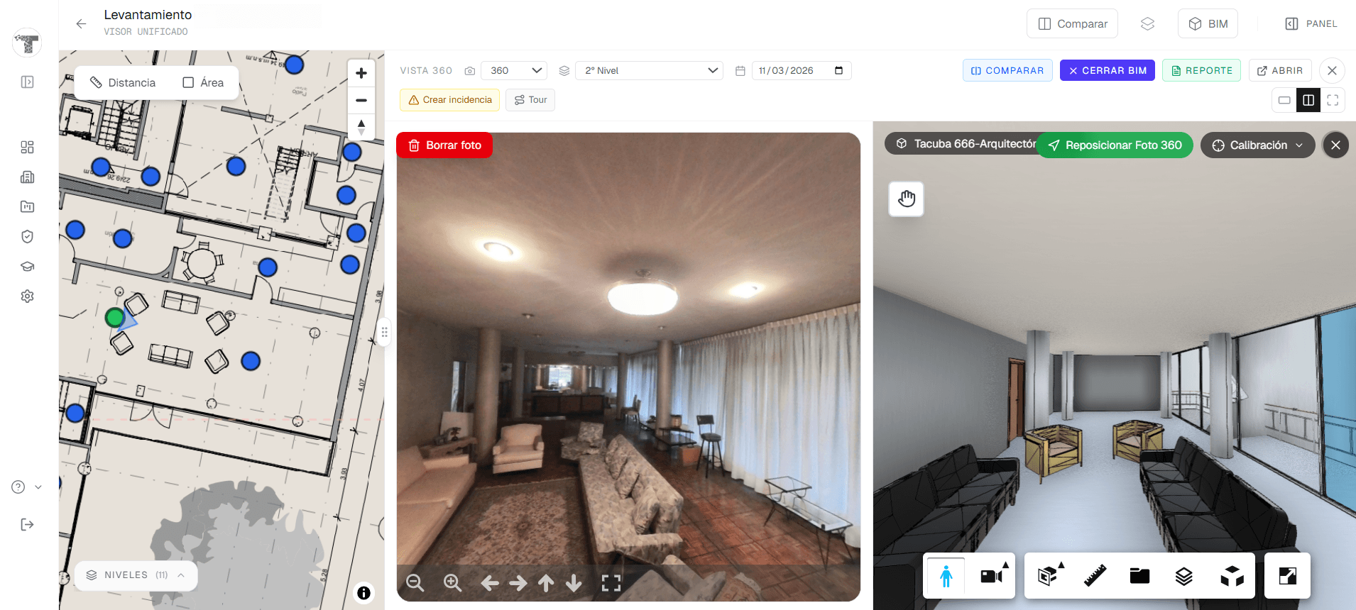 Navegación por niveles del edificio con fotografías 360° vinculadas a su posición en planta