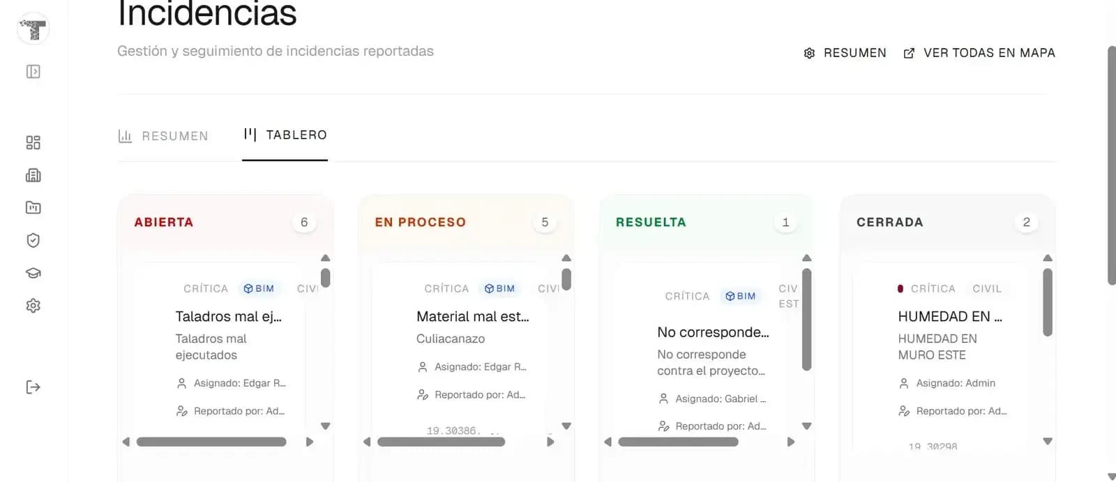 Tablero kanban de incidencias por estatus